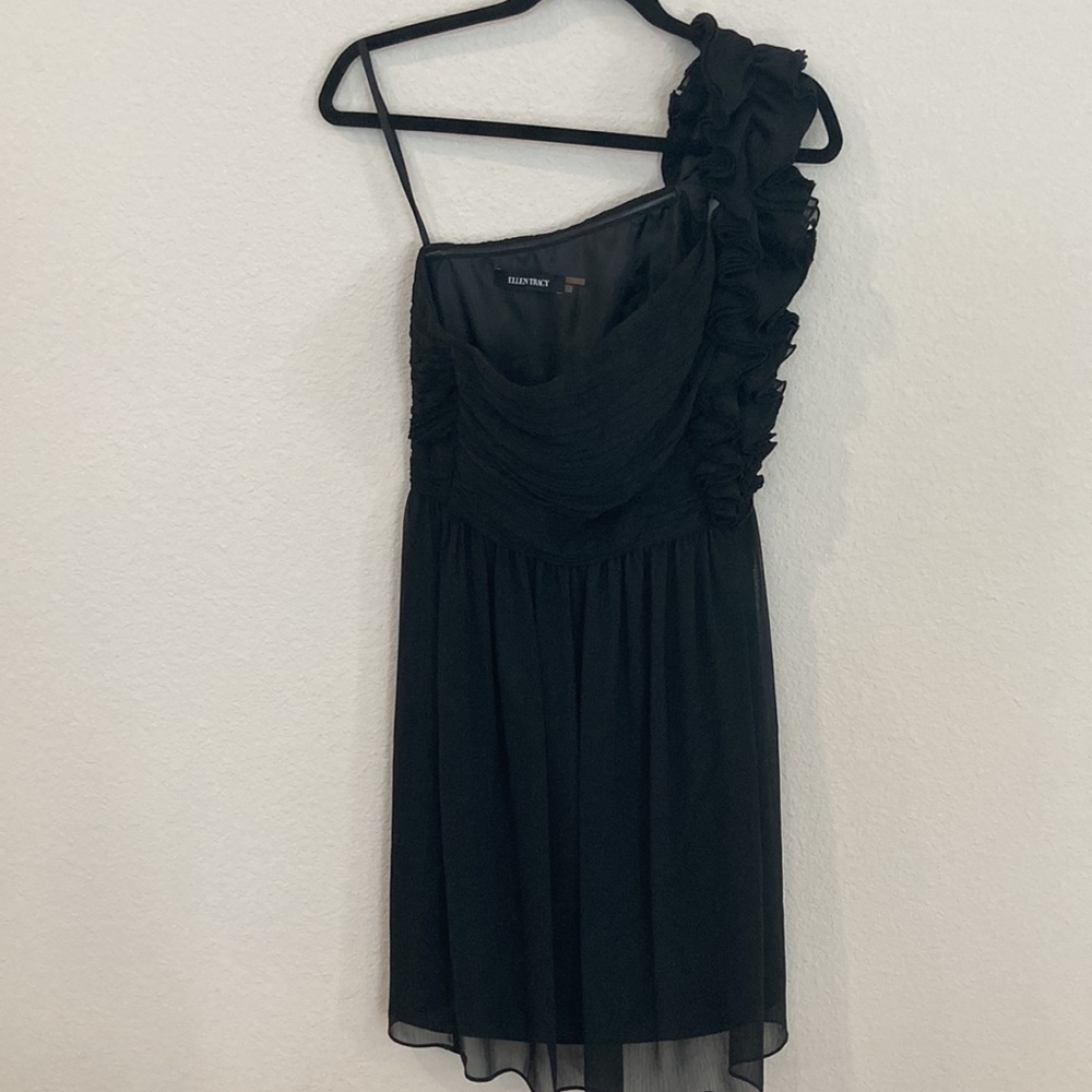 Ellen Tracy Ruffle One Shoulder Black Dress